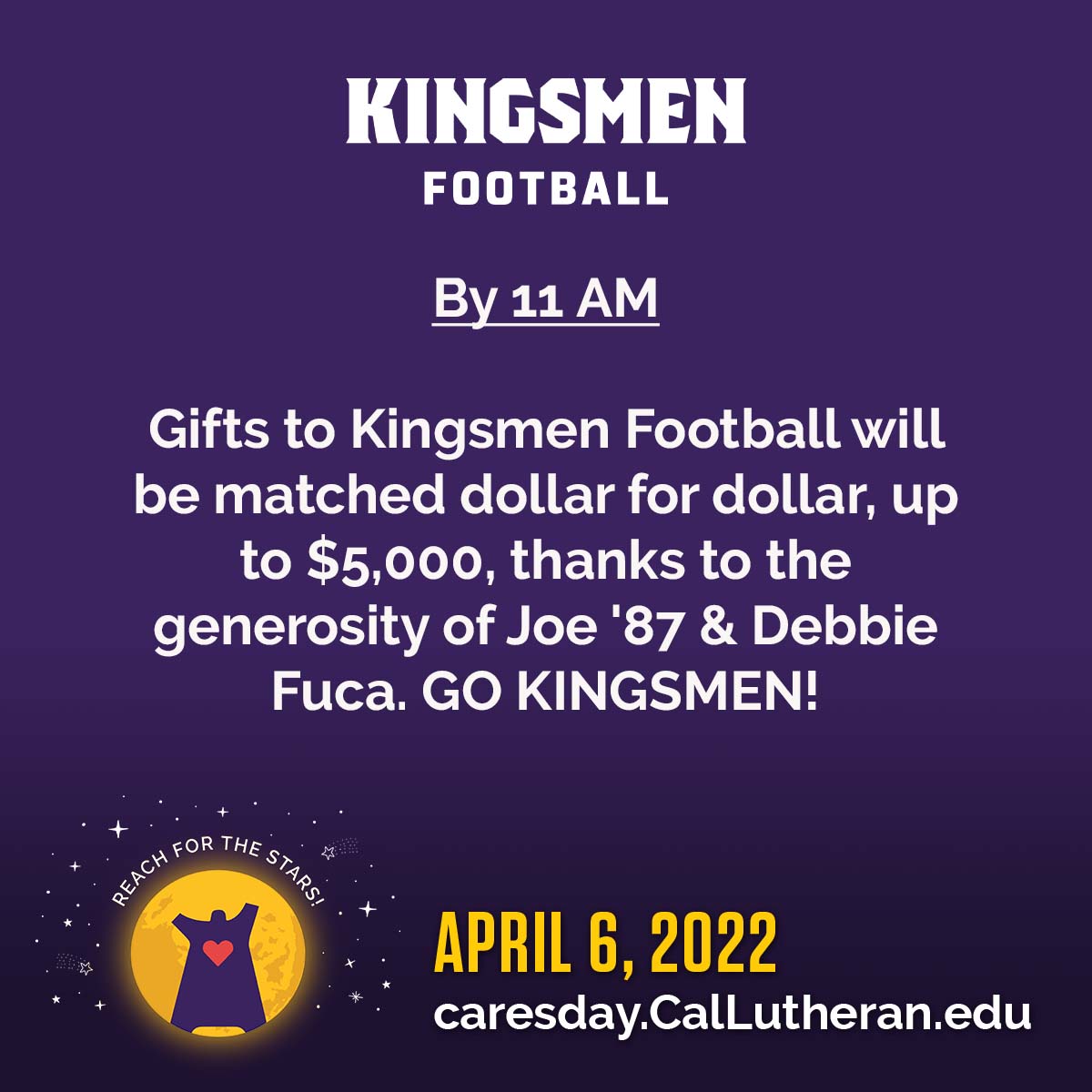 Cal Lutheran Athletics (@clusports) on Twitter photo Throughout the day, there is gift matching!
Most are all day, but others are set to specific times. <a href="/CLUFootball/">Kingsmen Football</a> needs your help to unlock this gift!
This gift match ends at 11 am! Please help us accomplish this match!
Donate: caresday.callutheran.edu/giving-day/481… Throughout the day, there is gift matching!
Most are all day, but others are set to specific times. <a href="/CLUFootball/">Kingsmen Football</a> needs your help to unlock this gift!
This gift match ends at 11 am! Please help us accomplish this match!
Donate: caresday.callutheran.edu/giving-day/481…