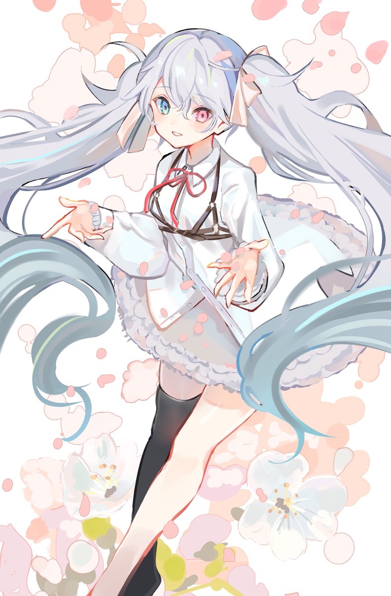 hatsune miku 1girl solo heterochromia twintails thighhighs long hair chest harness  illustration images