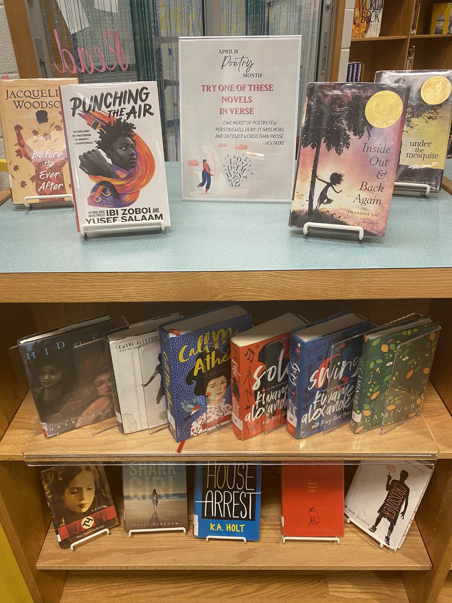BRMSreads's tweet photo. Celebrating #NationalPoetryMonth in the library! #800’s are for poetry non-fiction display - Highlighting novels written in verse - A poem a day for each school day in April - and a poetry choice board lesson for 6th, 7th and 8th grades all month long! #PwcsLibraries @BullRunMS https://t.co/MrnMH0YGIy