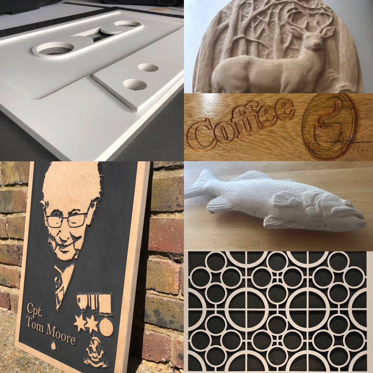 CncRecreative's tweet photo. It’s our 2 year Twitter anniversary today. Here’s a snippet of the things we can make. #cnc #wood #carve #create #3D #plaques #signs #engrave #fretwork #WallArt #creative https://t.co/GcsXc89HlR