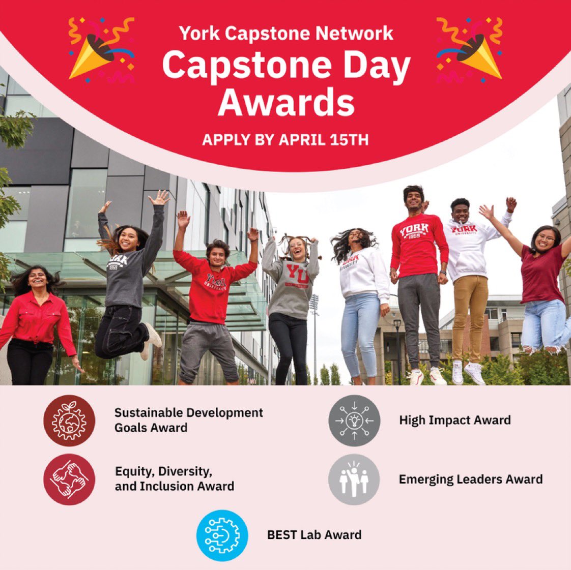 YorkuYCN's tweet photo. Working on a capstone project? Compete for awards and monetary prizes to celebrate your achievements this Capstone Day! Apply for up to one team award and one individual award by April 15.
Capstone Day Form: https://t.co/edJZuiVHMUβ¦
#capstoneday #yorku https://t.co/3OYvugkyVR