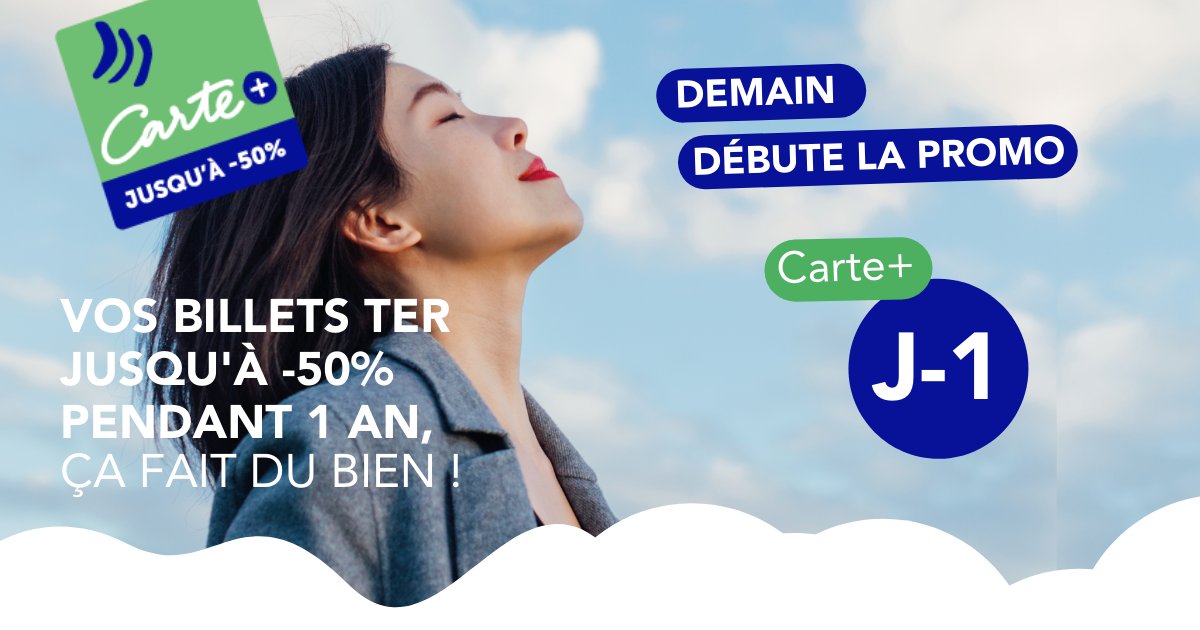🔔 J-1 PROMO Carte +
Voyagez en toute tranquillité sur le réseau <a href="/TERNouvelleAQ/">SNCF Voyageurs TER NOUVELLE-AQUITAINE</a> 

En savoir + m.ter.sncf.com/nouvelle-aquit…