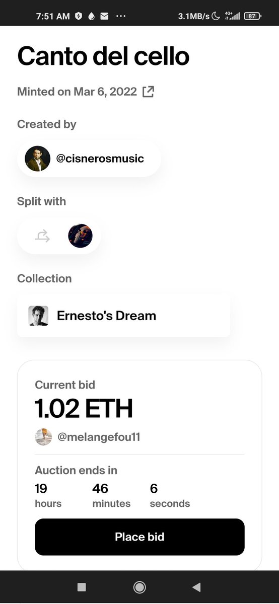 It's probably the best wake up call for any #NFArtist
The auction of "Canto del Cello" has begun at <a href="/foundation/">Foundation 🌐</a>
<a href="/ojovivoMotion/">ojovivo</a> and I are very happy and invite all the friends of the #NFTcommunity to support this auction.
👇
foundation.app/@cisnerosmusic…

My thanks to @AlbertineProus3