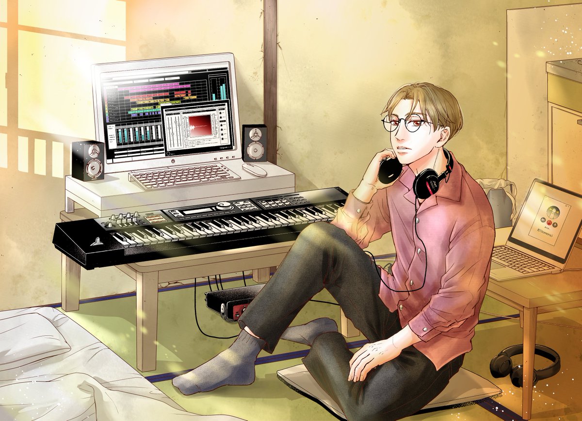 1話表紙の #制作過程
①ラフ
②ペン入れ(背景:アシさん)
③着彩(DAW素材:アシさん)
④デザイン
(名和田耕平デザイン事務所様@k_n_d_o)
名和田さんの手によって、エモさ爆発…!!発光したDAWのデザインやノイズ感のあるロゴが、何度見てもかっこよすぎます。
#茜色のコンポーザー