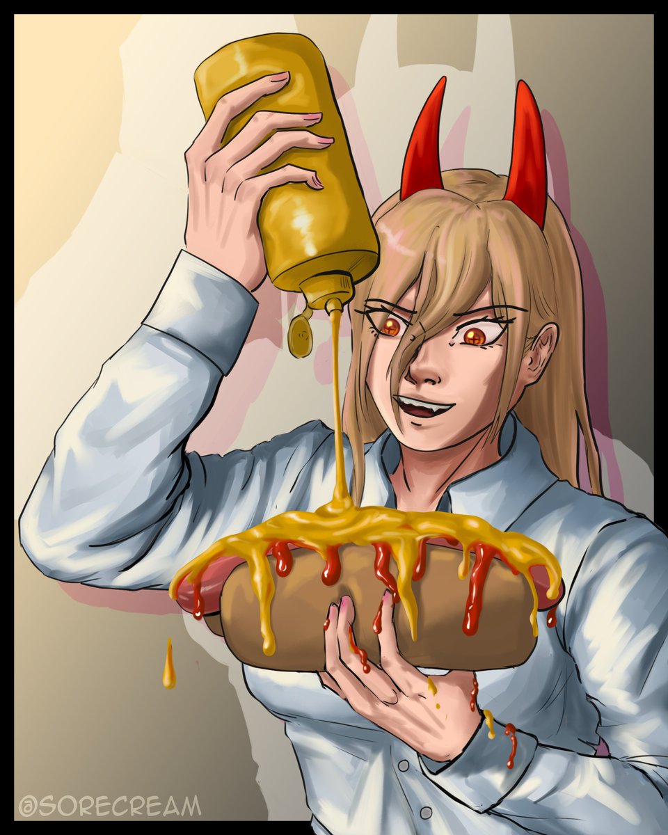 SoreCream's tweet photo. Power's gonna eat big hot dog with extra extra mustard and ketchup
#chainsawman #chainsawmanfanart https://t.co/1nbd7bWijC