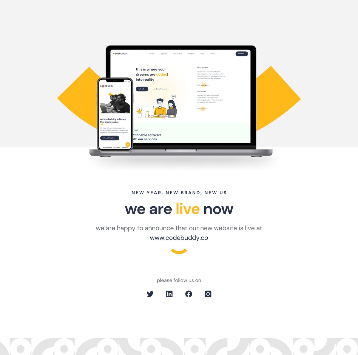 Codebuddy_India's tweet photo. This financial year, we rebranded ourselves and launched our new website. We are now active on various social platforms as well. Our team is all geared up to reach new heights of success.

Please check the first comment below for more info &amp; links

#rebranding #hiring #itservice https://t.co/lnzqnOUC7l