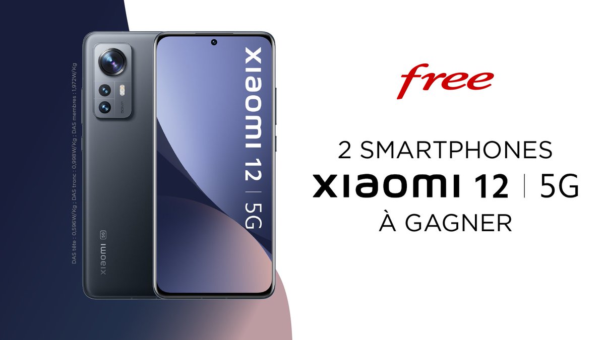 [Concours]
Free et Xiaomi vous offrent la possibilité de gagner 2 #Xiaomi12 !
Pour cela, RT &amp; follow les comptes <a href="/free/">Free</a> et <a href="/XiaomiFrance/">Xiaomi France</a>.
Tirage au sort le 11/04. Bonne chance à tous.🤞🍀