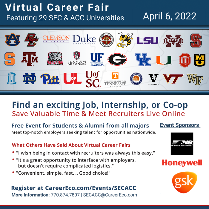 The SEC &amp; ACC Virtual Career Fair starts at 10 a.m. and runs until 5 p.m. ET! Log on to connect with hundreds of employers from across the country. It's never too early to start building your network! #HireANole #DesignYourCareer

careereco.com/events/secacc
