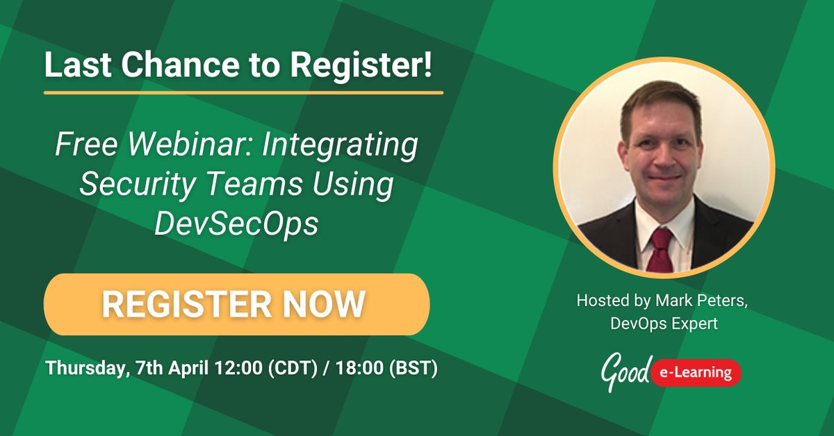goodelearning's tweet image. Last chance to register! Join us tomorrow for an exclusive webinar from #DevOps expert Mark Peters. During the Webinar, Mark will teach you all you need to know about integrating Security Teams using DevSecOps!

Register: bit.ly/3iHYktM

#DevSecOpsWebinar @DEVOPSINST