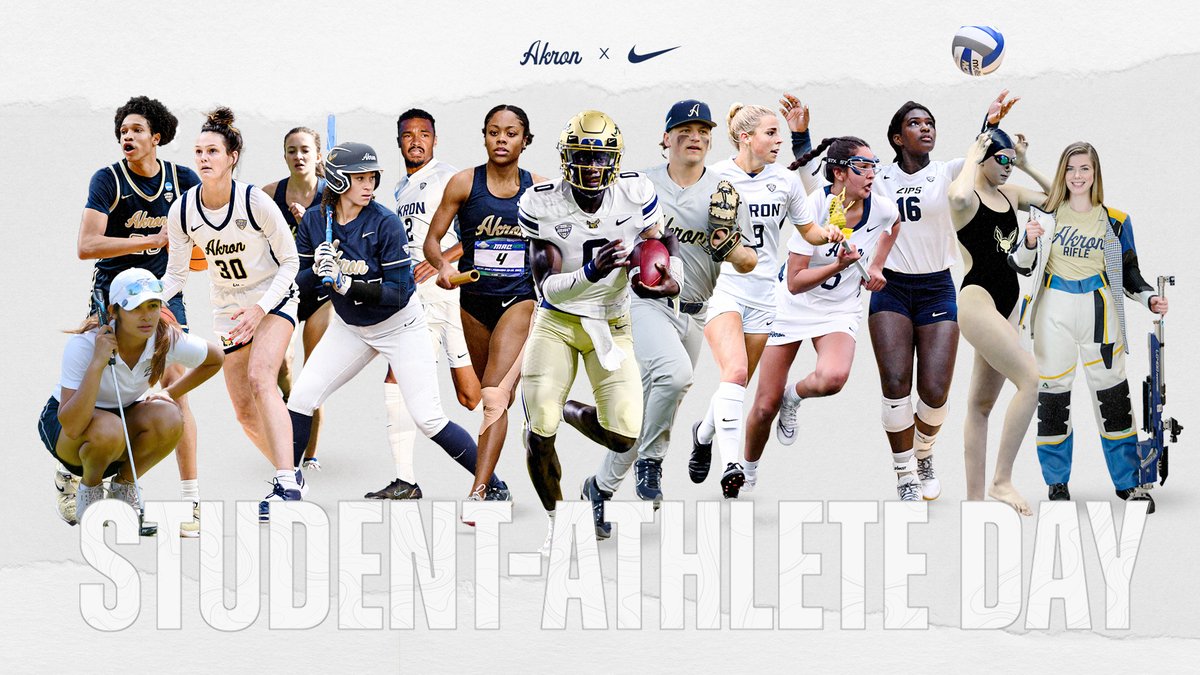 AkronZips's tweet photo. It's National Student-Athlete Day! @AkronZips celebrates our young men and women for being champions in the classroom, in the community and in sport. ⚽️🏈🏐🏀🏊🎯🏃‍♀️🥍 ⛳️🏃‍♂️⚾️🥎

#GoZips 🦘 #FindAWay https://t.co/9YFX4OQSrj