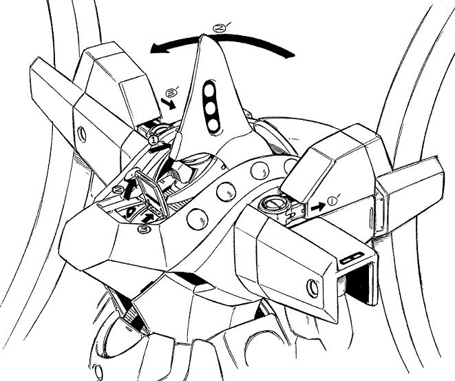 【介錯】コクピット コクピットは突出した胸部ブロックに位置していて、搭乗する際には頭部