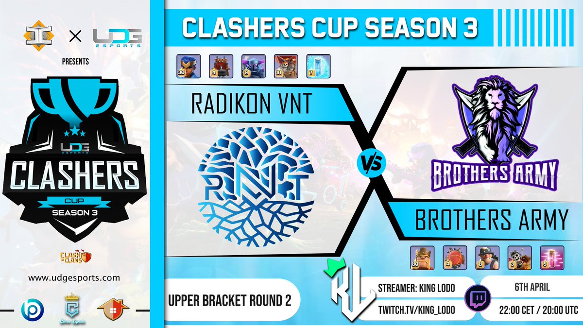 KingLoDo3's tweet photo. ⚔️CLASHERS CUP⚔️
By @IndianClashers7 and @esports_udg 

@RadikonVNT 🆚 @BrothersArmyCOC 

📆06-04-2022 ⏰22:00 CEST

🎥https://t.co/4TzSvhqGgt 🇮🇹🇪🇺

#ClashersCup #Season3 #DAJEE https://t.co/rUEJfzt3ix