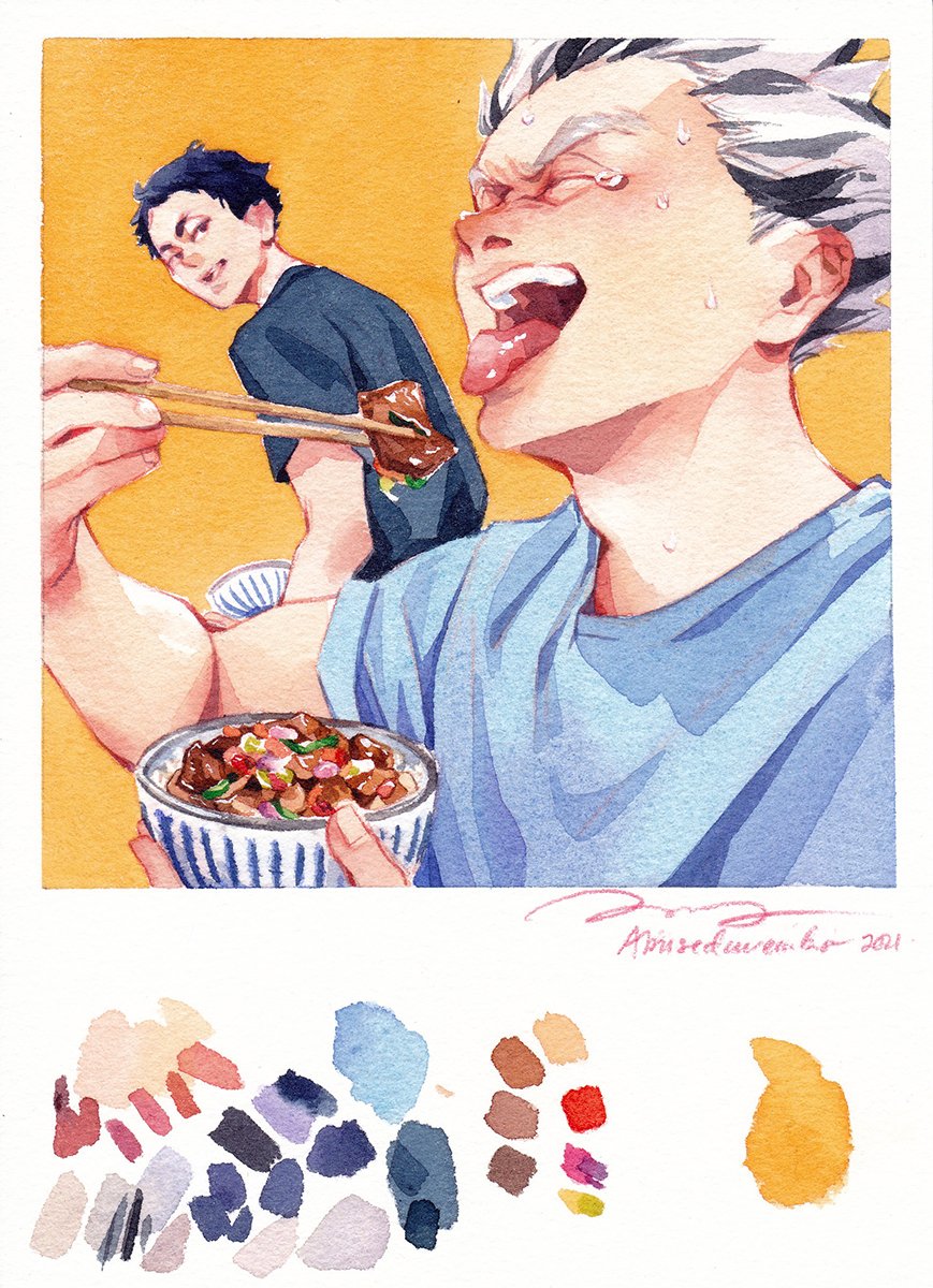 Volleyball foodies eating Donburi Sambal Matah and Nasi Goreng! Extra illustrations for @hqcookbook 🍱🏐

#Haikyuu #ハイキュー 