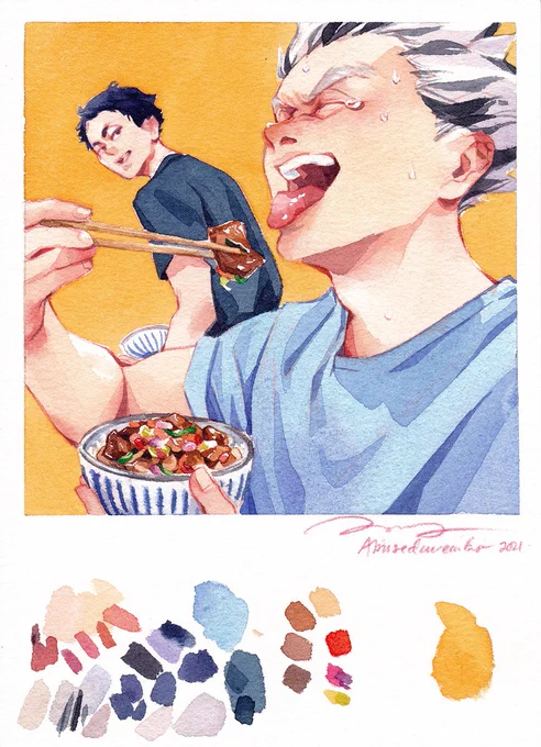 Volleyball foodies eating Donburi Sambal Matah and Nasi Goreng! Extra illustrations for @hqcookbook 🍱🏐

#Haikyuu #ハイキュー 