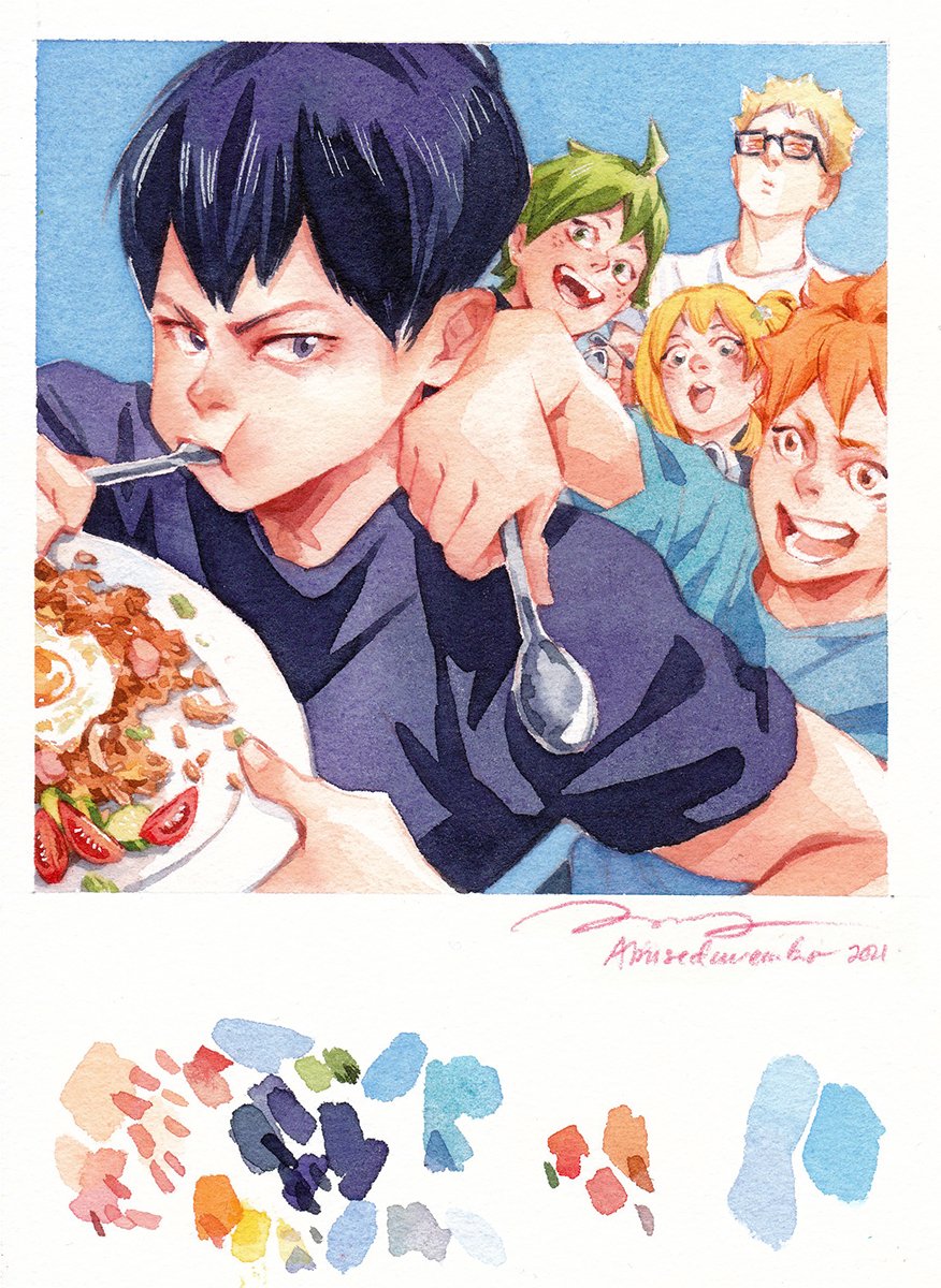 Volleyball foodies eating Donburi Sambal Matah and Nasi Goreng! Extra illustrations for @hqcookbook 🍱🏐

#Haikyuu #ハイキュー 