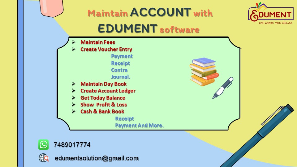 EdumentSolution's tweet photo. Maintain Account With EDUMENT Software
.
.
.
.
#account #maintainaccountwithsoftware #schoolmanagementsoftware #Qrcode #salary #attendance #student #school #college #principal #headmaster #students #coching #institutes #management #admission #scholar #reports #online #cashbook https://t.co/eVHQhXJu1q
