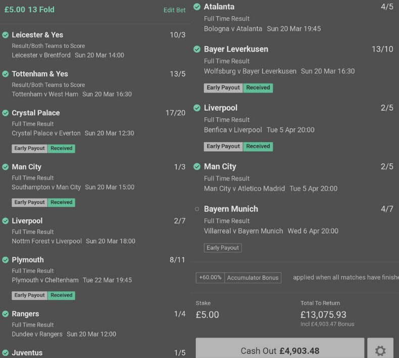 BadManBetting's tweet photo. Oh my days, this is ridiculous! 🤩

A follower of mine on Facebook needs Bayern to win tonight to bag over £13,000 from a fiver!

Question is though, would you cash out? It currently stands at £4,903 and that is a lot of money. https://t.co/fZnXQgALWI