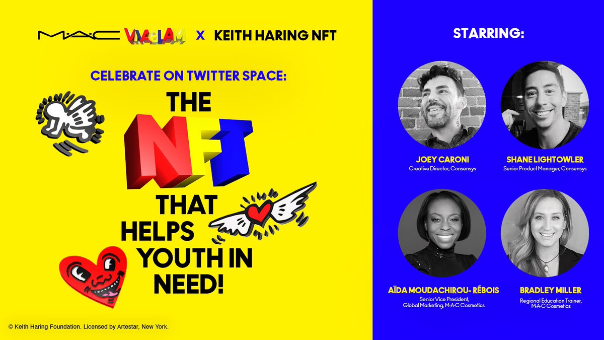 MACcosmetics's tweet photo. Here’s a cause for celebration: #MACVIVAGLAM and @keithharingfdn are dropping an NFT that gives back 100% to help youth in need. Join the launch party on Twitter Space on Friday, April 8 at 11:30am EST / 8:30am PST! #MACKeithHaring @artestar @consensys https://t.co/UsVz6G2sed https://t.co/CqafJMHg3H