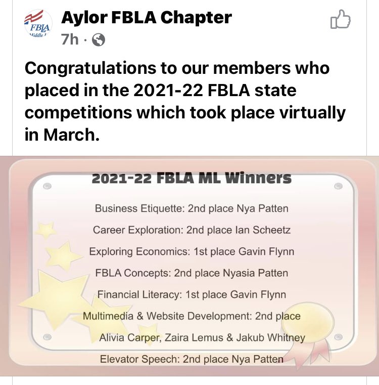 AYLOR’s FBLA has success at the state competition!