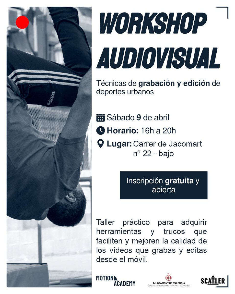 WORKSHOP AUDIOVISUAL
Mejora la calidad de grabación y edición de tus vídeos.
 
Trucos y claves sobre cómo grabar vídeos de acción y movimiento. 
Dirigido a jóvenes con ganas de aprender y apasionados por el deporte o la cultura.