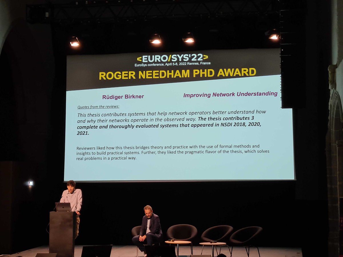 lvanbever's tweet photo. I'm thrilled to announce that our own Rüdiger Birkner won the Roger Needham PhD Award at #EuroSys22 today (@EuroSys_conf) 🥳! Rudi's PhD thesis looked at the problem of "network understanding", i.e. helping operators figure out what is going on in their networks and why. 🧵(1/5) https://t.co/R39uagVi7u