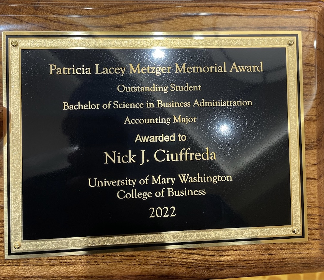 MrC_PCS's tweet photo. Could not be more proud of Nick for winning the Patricia Lacey Metzger Outstanding Accounting Student Award from @UMWCOB #StudentAthlete @UMWathletics https://t.co/LmkJPNbkxF