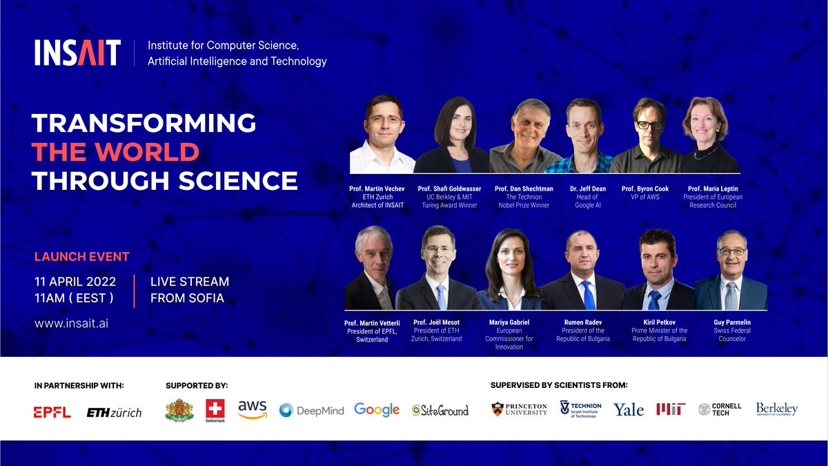 INSAIT Institute (@insaitinstitute) on Twitter photo Join our LAUNCH EVENT at insait.ai - 11 April, 11:00AM (EEST).
INSAIT is created in partnership with Switzerland’s <a href="/ETH_en/">ETH Zurich</a> and <a href="/EPFL_en/">EPFL</a> , with support and supervision of scientists from <a href="/MIT/">Massachusetts Institute of Technology (MIT)</a> , <a href="/UCBerkeley/">UC Berkeley</a> , <a href="/cornell_tech/">Cornell Tech</a> , <a href="/Princeton/">Princeton University</a> , <a href="/TechnionLive/">Technion Israel</a> and others. Join our LAUNCH EVENT at insait.ai - 11 April, 11:00AM (EEST).
INSAIT is created in partnership with Switzerland’s <a href="/ETH_en/">ETH Zurich</a> and <a href="/EPFL_en/">EPFL</a> , with support and supervision of scientists from <a href="/MIT/">Massachusetts Institute of Technology (MIT)</a> , <a href="/UCBerkeley/">UC Berkeley</a> , <a href="/cornell_tech/">Cornell Tech</a> , <a href="/Princeton/">Princeton University</a> , <a href="/TechnionLive/">Technion Israel</a> and others.