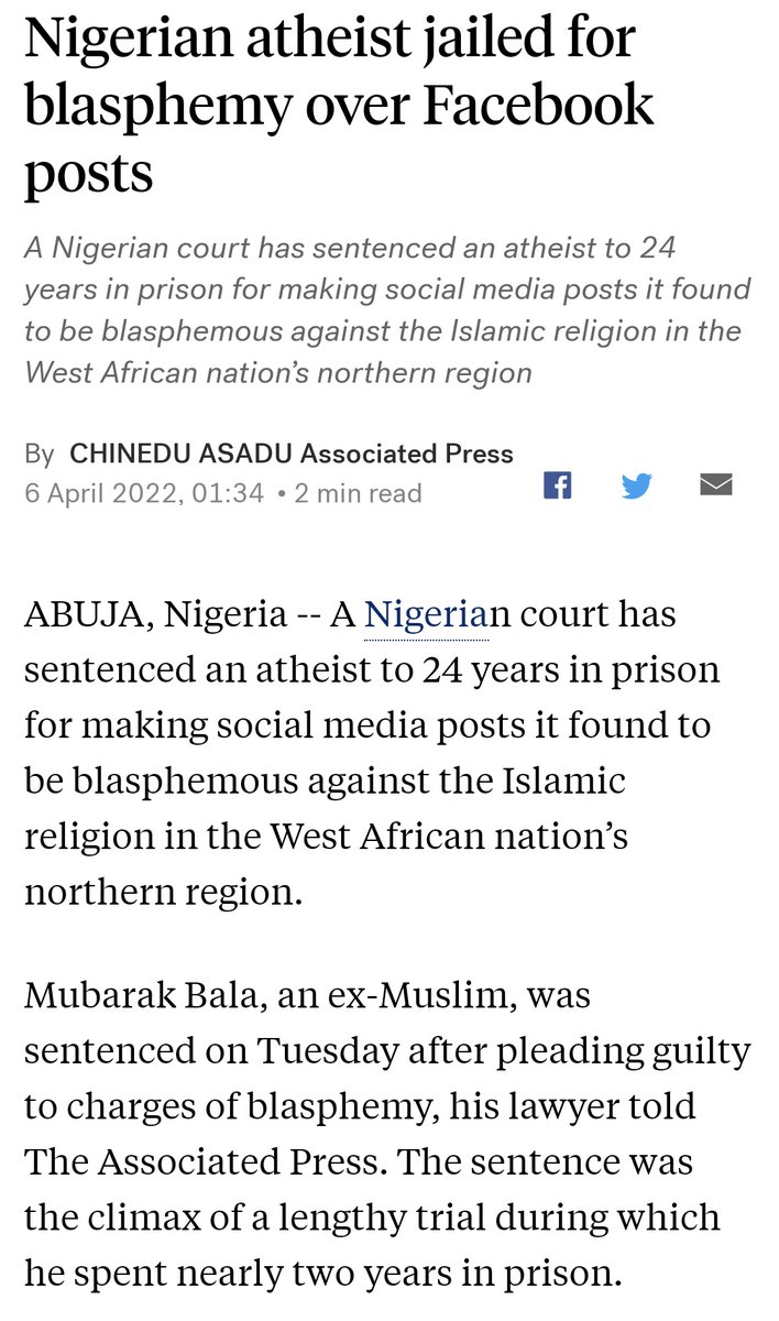 Mubarak Bala has been sentenced to 24 years in prison for 'blasphemy'.

Why does a 7th century ideology continue to dictate & violate the rights of people in 2022?

Everyone should be free to renounce & criticise a religion without risking death & imprisonment.

#FreeMubarakBala