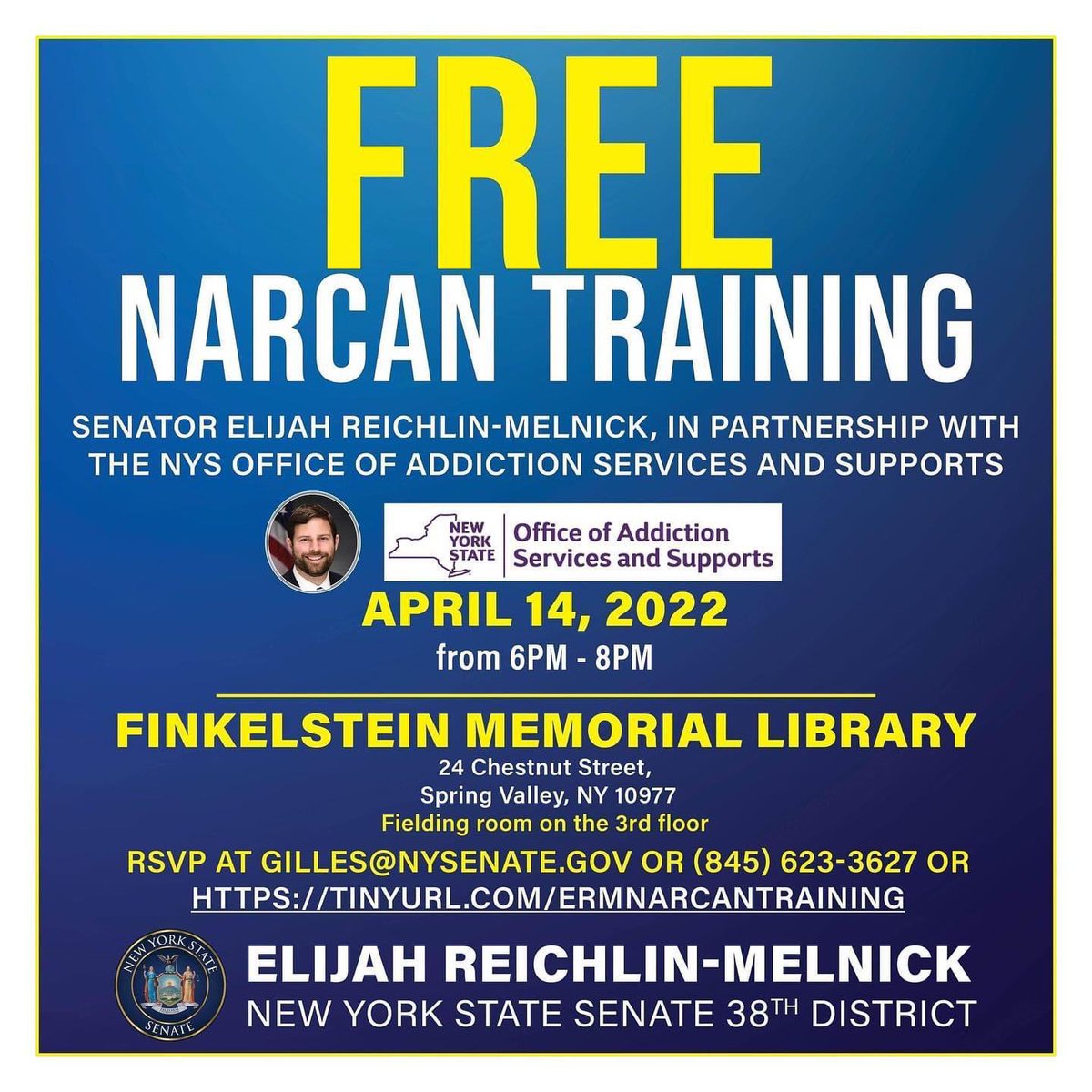 senatorERM's tweet photo. REGISTRATION DEADLINE!

You could save a life! With overdose deaths surging around the country my office is partnering with the NYS Office of Addiction Services and Supports (OASAS) to host a free Narcan training for community members. register at https://t.co/APvQTa2iix https://t.co/uBbskehcxD