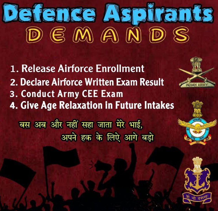 RAMKUNWAR100's tweet photo. Indian Airforce army, navy all defence recruitments are stopped,nd government doesn't want to give Age relaxation airforce candidates are waiting their joining letter for last 1 year,@pandeypoonam20 @dollysharmaINC @vinodkapri @INCIndia @RahulGandhi @IAF_MCC https://t.co/k2TjL1n2QS