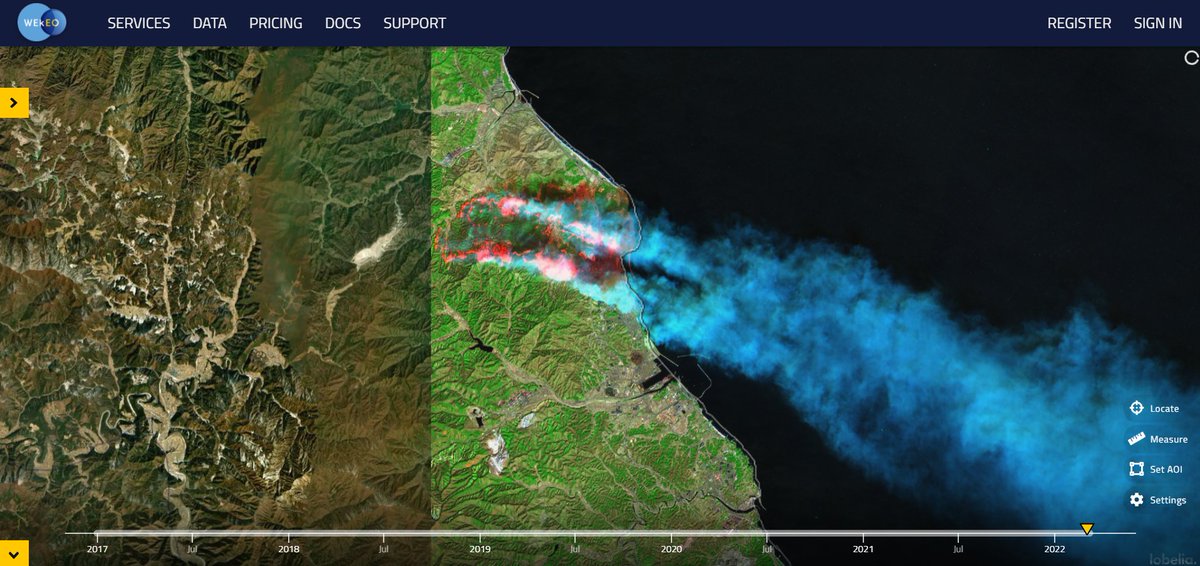 WEkEO_dias's tweet photo. #WEkEOViewer | In early March the coastal areas of #SouthKorea suffered intense forest wildfires. This shot was captured by #Sentinel2 on 5 March with the Short Wave Infrared (SWIR) composite.

See more on our platform ➡️https://t.co/PZkLCQVfO0 https://t.co/41wUE3zEMX