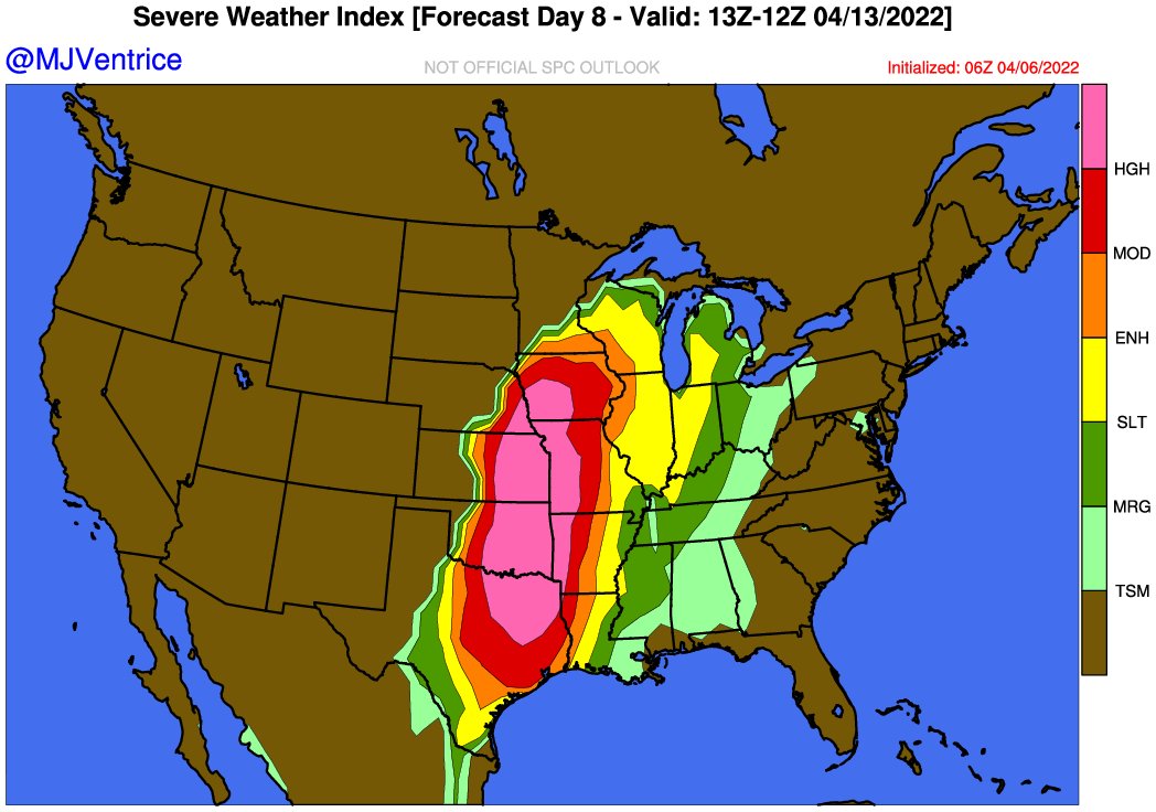 MJVentrice's tweet photo. April 13th, 2022 has the potential to feature a 'historical-level' severe thunderstorm outbreak across the Plains. My automated severe weather index should be used as a tool where the SPC should be relied upon for critical weather information. https://t.co/ozgYRFAPO1