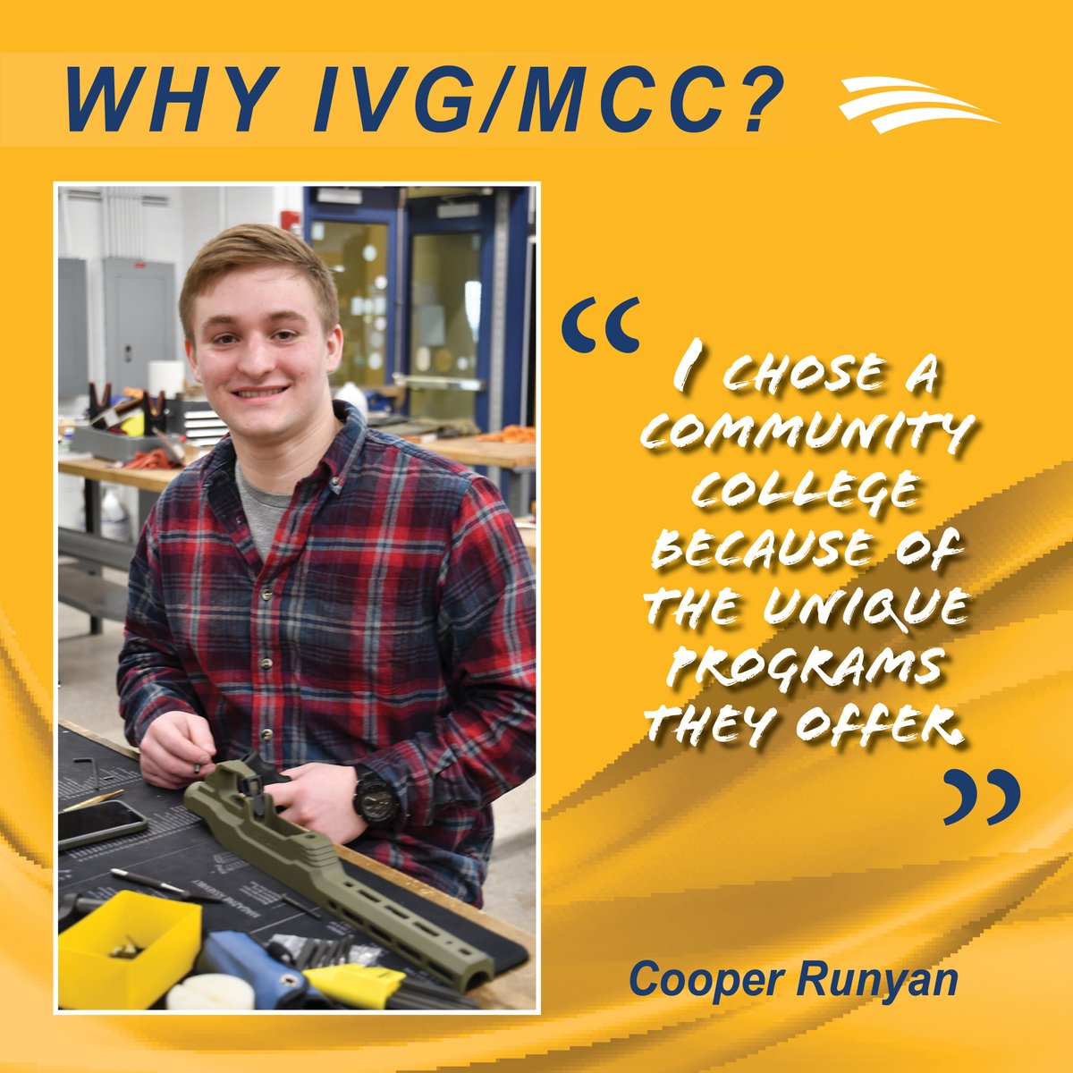 marshalltownCC's tweet photo. Why did Gunsmith Technology student Cooper Runyan choose a community college first? #CCMonth @IowaCCT #IVG2022 #StartAtMCC https://t.co/X5sMXAvHuh