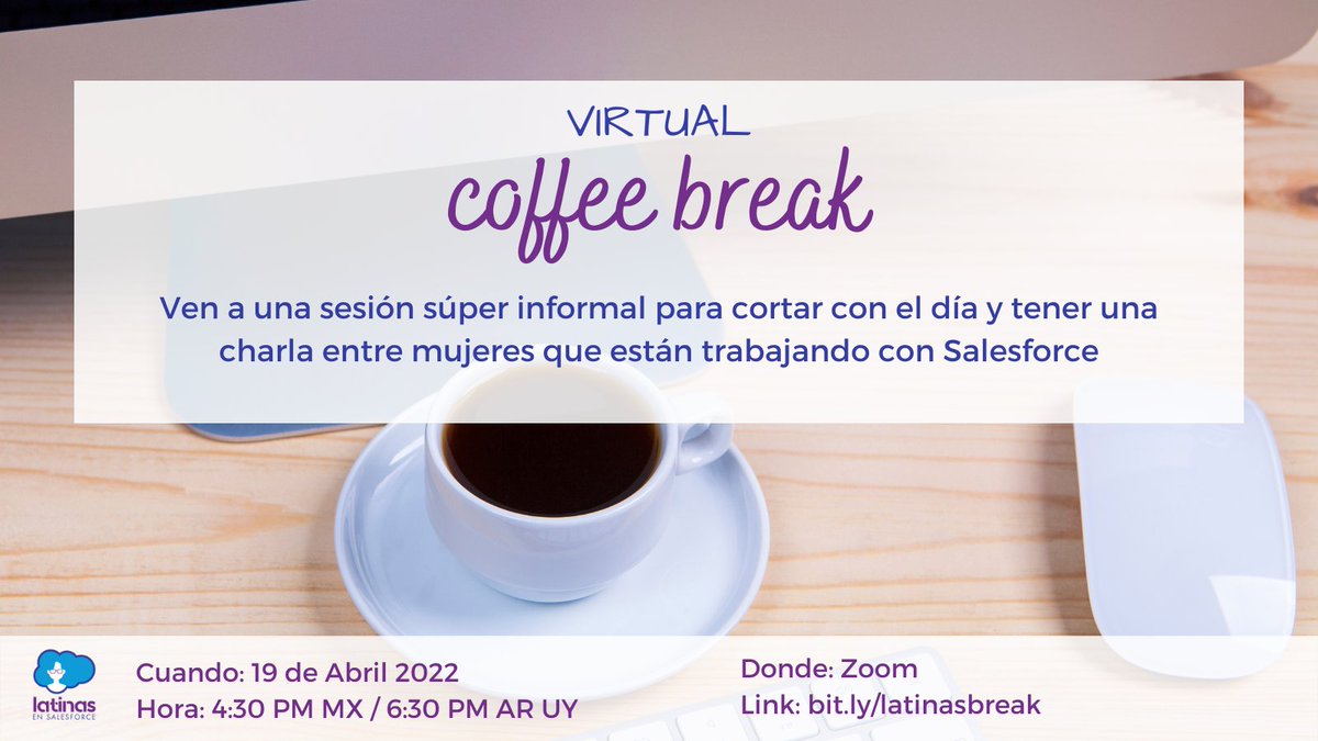 barblackaller's tweet photo. En Abril nos juntamos de nuevo! Te invitamos al #coffeebreak ☕️de #LatinasenSalesforce ! Una charla informal de mujeres en #Salesforce. Puedes registrarte en este link: https://t.co/ygHmyuw5DA #SalesforceOhana #WIT #MujeresenIT https://t.co/0sMEbb4x5P