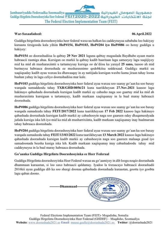 GaroweOnline's tweet photo. The Federal electoral body, #FEIT announces vote rerun for #HOP154, #HOP103, #HOP204, and #HOP086 seats after suspending their elections in #HirShabelle and #Southwest following complaints. #HOP086 is a disputed seat contested by former spy chief, Fahad Yasiin.
#Somalia https://t.co/6xIHIh3f1n