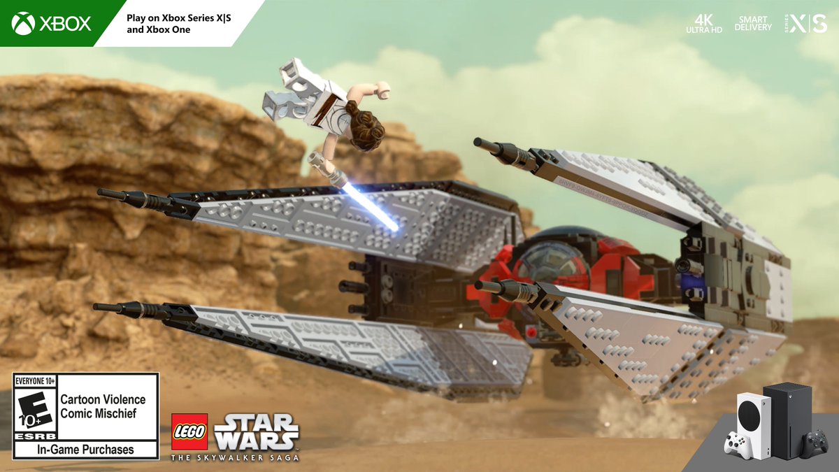 Rey jumps through the air with her lightsaber before Kylo Ren's incoming ship. The code 6HVF9-QWJM4-6YFT9-9PPQK-YQQDZ is displayed on the top right wing of Kylo Ren's ship.