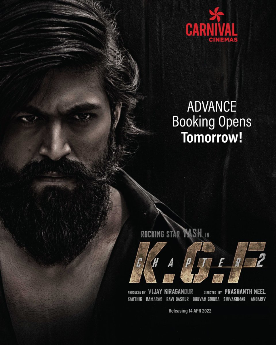 CarnivalCin's tweet photo. K.G.F Chapter 2 Advance Booking Opens Tomorrow!

Stay tuned for more updates.

#kgf2 #kgfadvance #advancebookings #carnival #CarnivalCinemas #comecelebrate #rockybhai #rocky #kgffans https://t.co/tmMlNfoZoj