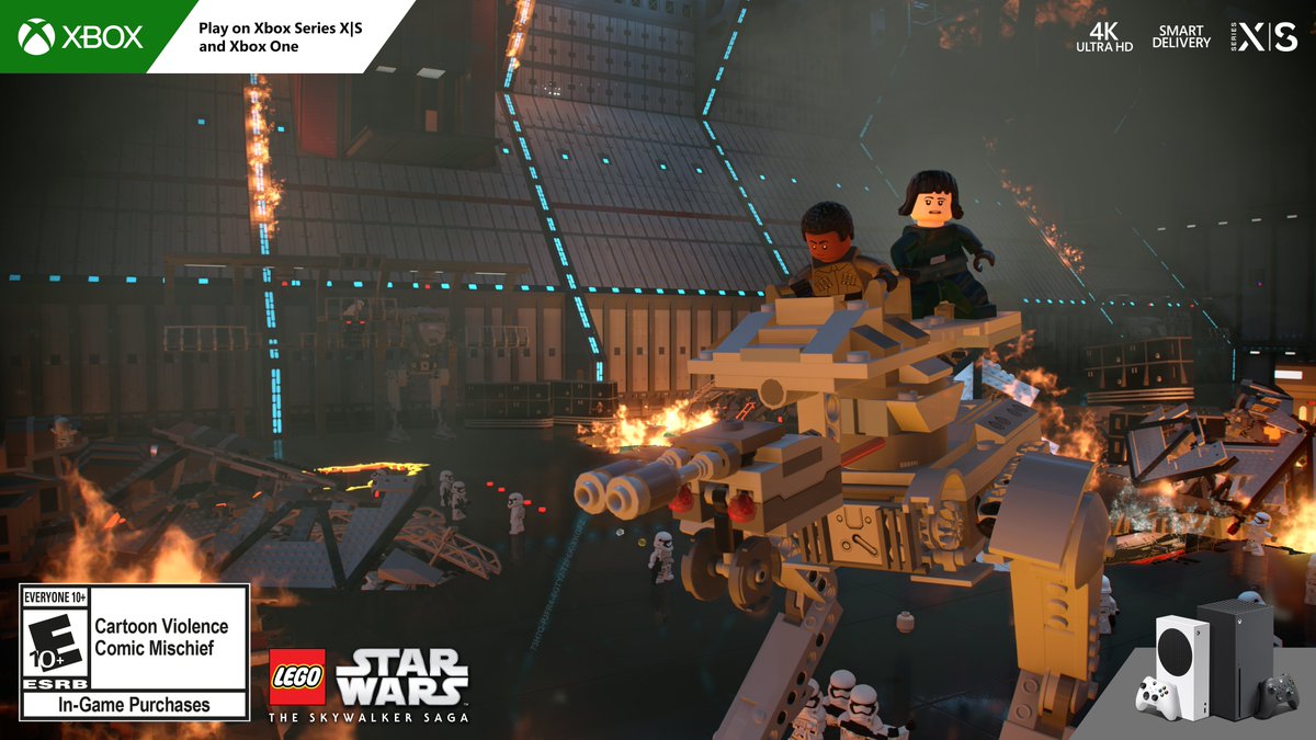Finn and Rose Tico in a partly destroyed AT-ST with rubble all around them and Stormtroopers below them. The code 73H7Q-PJFR4-6GTYJ-T2F6K-XKGFZ is displayed on the floor to the right of the rubble located on the bottom left-hand side of the image.
