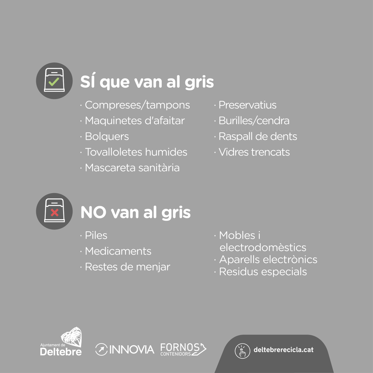 Deltacat_'s tweet photo. 🌀 RT @ajdeltebre 👉 ⚪ Sabies que 1 tovalloleta humida pot trigar fins a 100 anys a degradar-se?

Al contenidor gris van els residus que no es poden reciclar ni reutilitzar ni usar per fer compost. Separa bé els teus residus i, si tens dubtes, visita … https://t.co/dP4ZDSkjnK