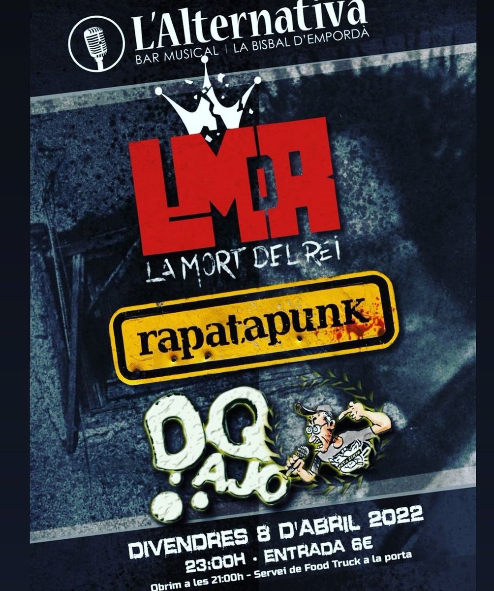 Concert amb LA MORT DEL REI entre d'altres aquest divendres a la Bisbal d'Empordà.

📍La Bisbal d'Empordà
⏲️23h
🎟️6€

#lalternativa #labisbaldempordà #concertscatalunya