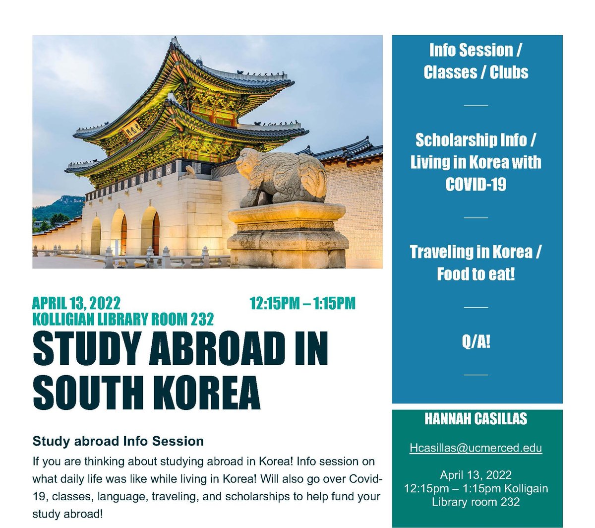 UCMerced_Intl's tweet photo. Hey Hey Hey Bobcatsπ±
One of our very own bobcats along with the help of Study Abroad will present what it is like to study abroad in South Korea π°π·..
Come and enjoy this awesome session!
#studyabroad #ucmerced #ucmercedbound #ucm #UCEAP #studyingabroad https://t.co/REo8ZxzfgW