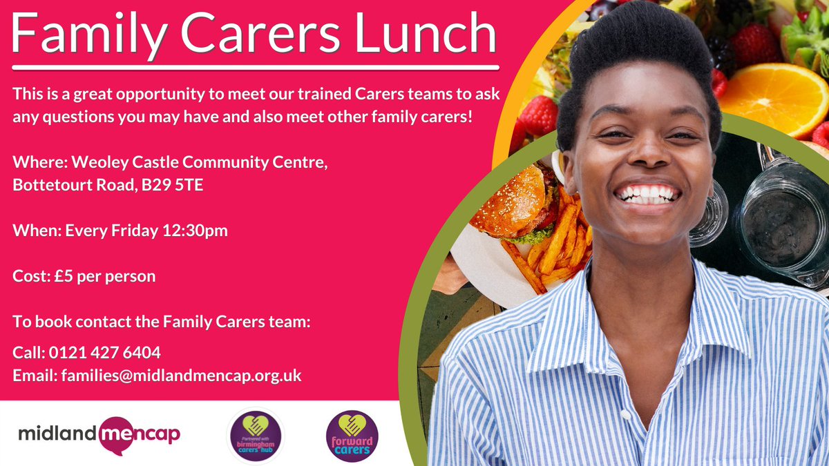 MidlandMencapUK's tweet photo. 🚨 Calling all Birmingham Family Carers 🚨

Join us for lunch EVERY Friday 12:30pm at our Weoley Castle Community Centre's Cafe! 

Interested? Call 0121 442 2944 or Email families@midlandmencap.org.uk
#MidlandMencap https://t.co/JOz9qn2pzN