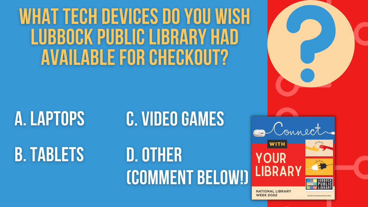 lubbocklibrary's tweet photo. We want to hear what you think! Comment below with the item you wished we had available for checkout. If there's something you'd like to see that's not mentioned, let us know in the comments!
#NationalLibraryWeek #ConnectWithYourLibrary #LubbockLibrary https://t.co/oMSkXqIM5S