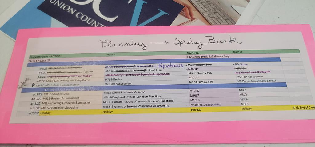 CcTaken's tweet photo. When the countdown for Spring Break is happening, but you still have to be on point in the virtual @UCVirtualNC world with your pacing. Create a 2 week pacing guide and mark down as you go! @UCPSNC @SusanRodgersS4 https://t.co/2KLXet4oCO