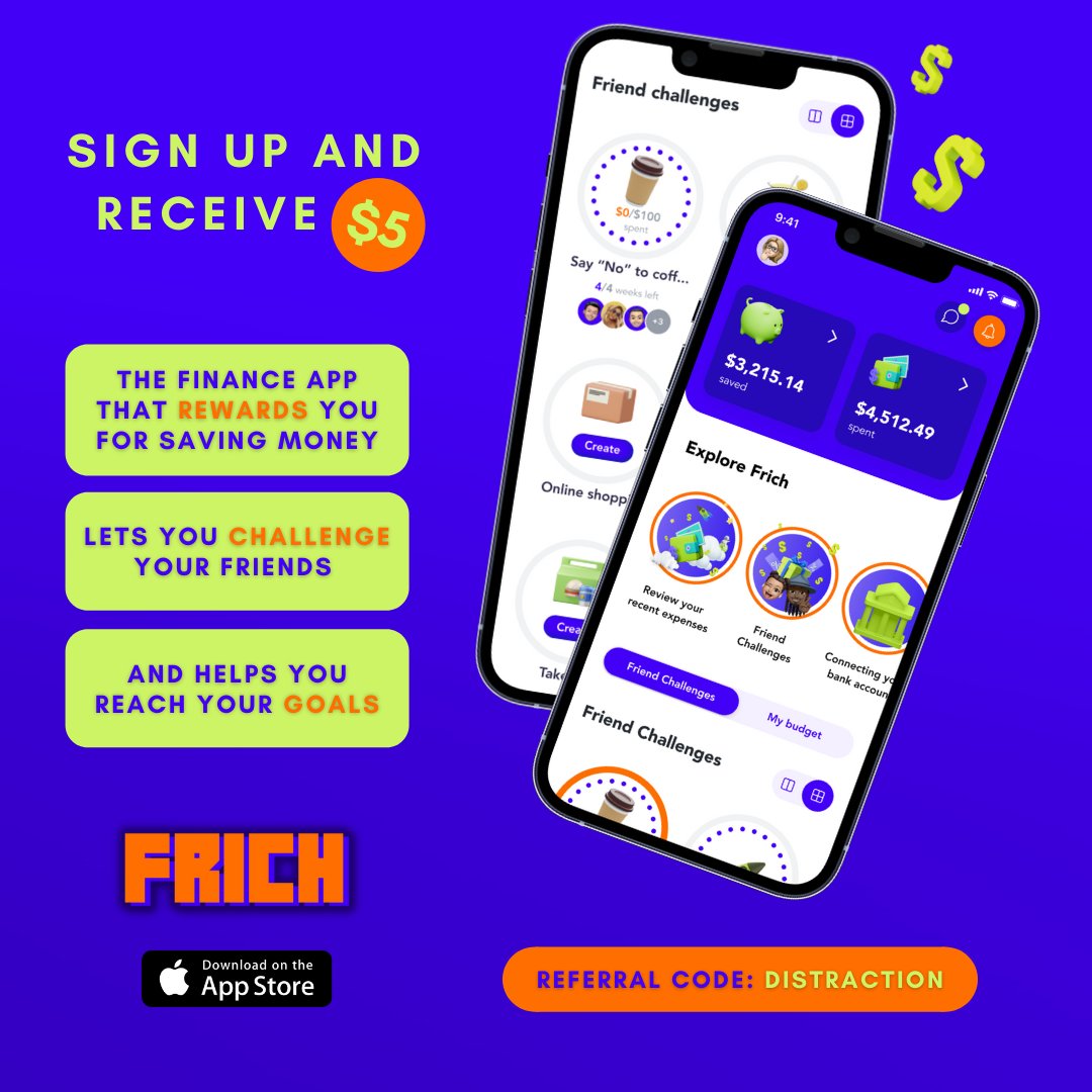 DistractionUM's tweet image. Frich aims to break the money taboo and help you stick to your goals, and guide you through managing money in social situations. When you download Frich and sign-up using the referral code DISTRACTION - you will receive a $5 reward!