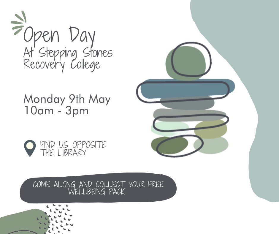 SSRC_Bracknell's tweet photo. Come and join us for our 1st Open Day at Stepping Stones Recovery College. 

We will be there to talk about our FREE courses and Workshops. Don't forget to collect your Wellbeing pack full of great gifts!

On 9th May 10am - 3pm we will be opposite the library! https://t.co/82NGm4lkfM