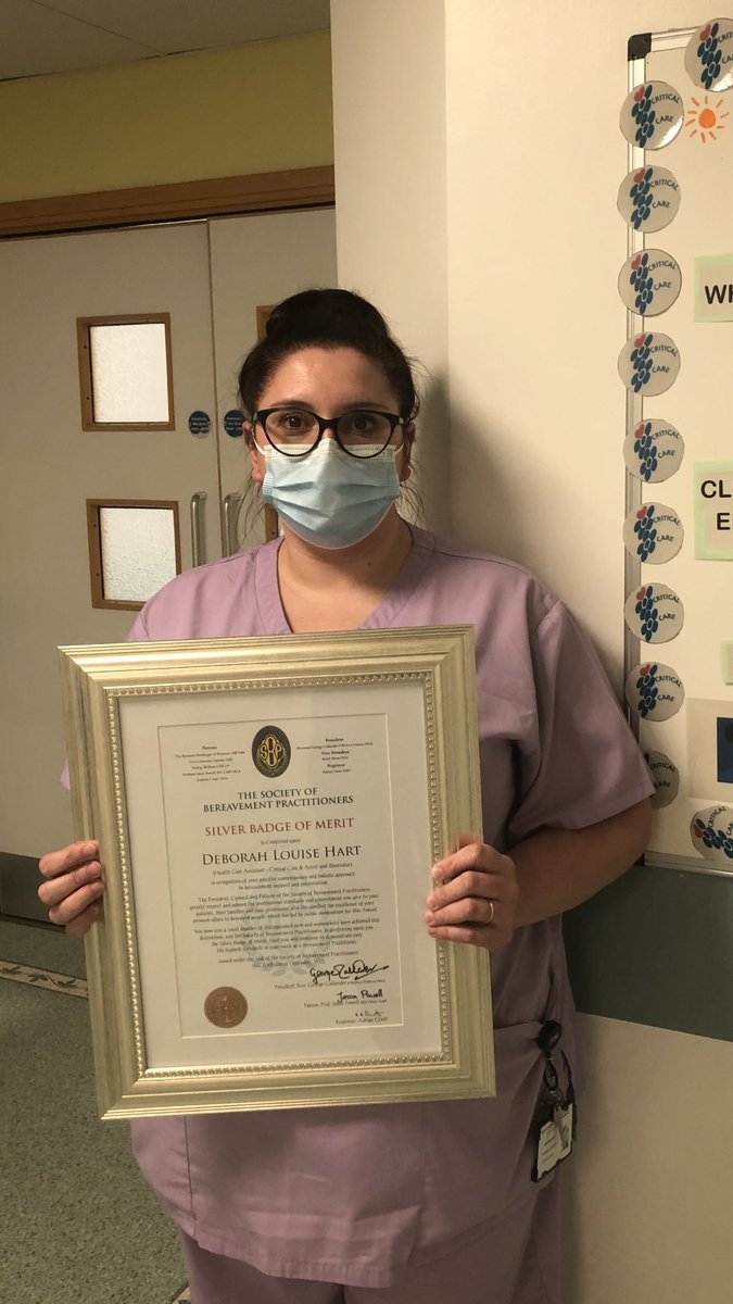 Critical Care Staff @QEGateshead
are proud to share that Deborah Hart (HCA) has been recognised by the ‘Society of Bereavement Practitioners’ for her many illustrations for bereavement booklets/information over the years.#societyofbereavementpractitioners #criticalcare #caring