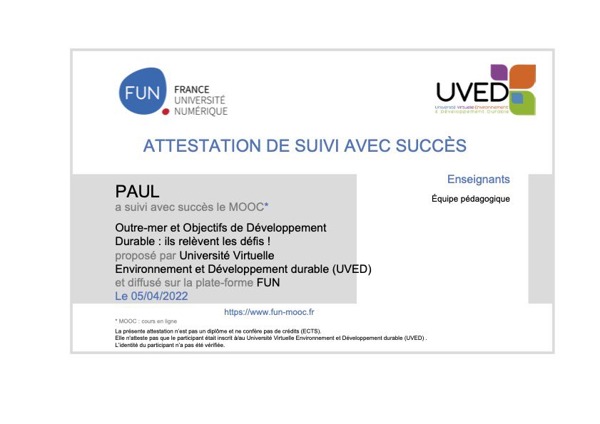 #MOOC « Outre-mer &amp; #ODD : ils relèvent les défis ! » validé ✅ Merci <a href="/UntUved/">UVED</a>, <a href="/FunMooc/">France Université Numérique</a> et l’ensemble des intervenants pour la richesse et la qualité des contenus