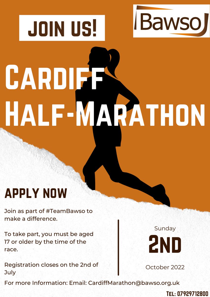 Join Team Bawso for the Cardiff Half-Marathon🏃‍♀️🏃‍♂️. The #CardiffHalfMarathon will be held on Sunday the 2nd of October 2022 #run2022 #HalfMarathon. This year’s cause is No Recourse to public funds (#NRPF).
Email:cardiffmarathon@bawso.org.uk 
to register your interest