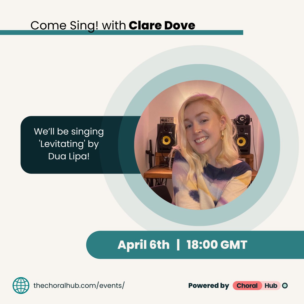 We're SO excited to have <a href="/claredovewrites/">Clare Dove</a> on #ComeSing! tonight at 6 pm (GMT).🎉  She's making WAVES in the music industry, regularly working on material for new artists with some of the biggest names in music! You don't want to miss it. Sign up: thechoralhub.com/events/ 
#singing